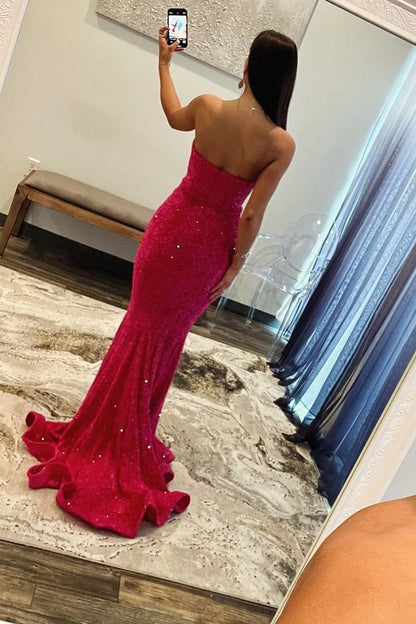 Robe de bal longue sirène fuchsia à paillettes sans bretelles avec découpe au dos