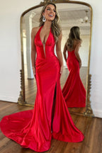 Sexy Red Mermaid Halter Neck Long Satin Prom Dress