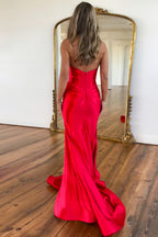 Sexy Red Mermaid Halter Neck Long Satin Prom Dress