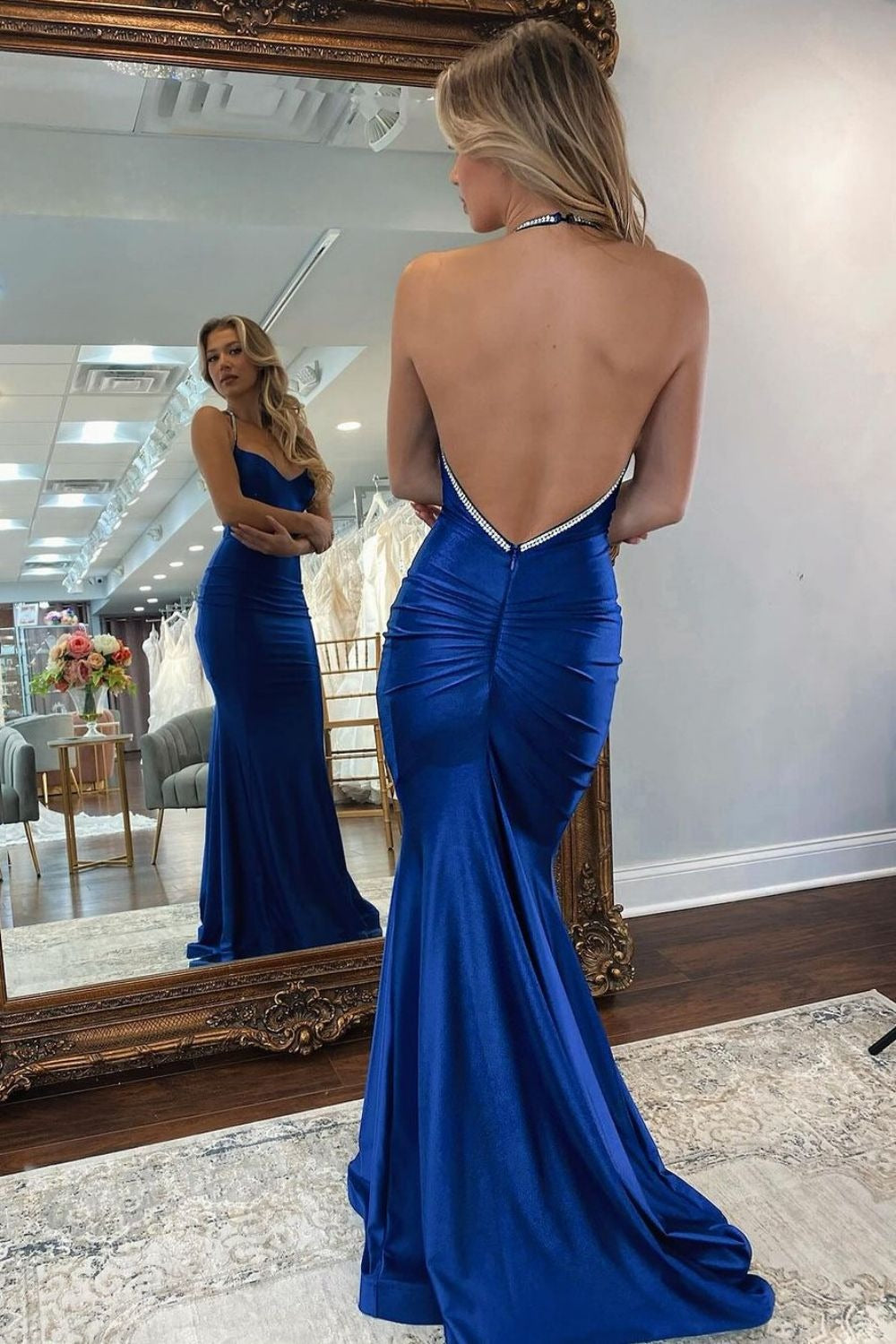 Royal Blue Mermaid Open Back Long Satin Prom Dresses