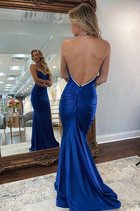 Robes de bal longues en satin bleu roi sirène dos nu