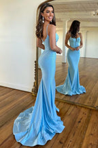 Light Blue Spaghetti Straps Zipper Back Long Beaded Mermaid Prom Dresses