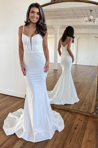 Light Blue Spaghetti Straps Zipper Back Long Beaded Mermaid Prom Dresses
