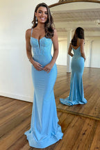 Light Blue Spaghetti Straps Zipper Back Long Beaded Mermaid Prom Dresses