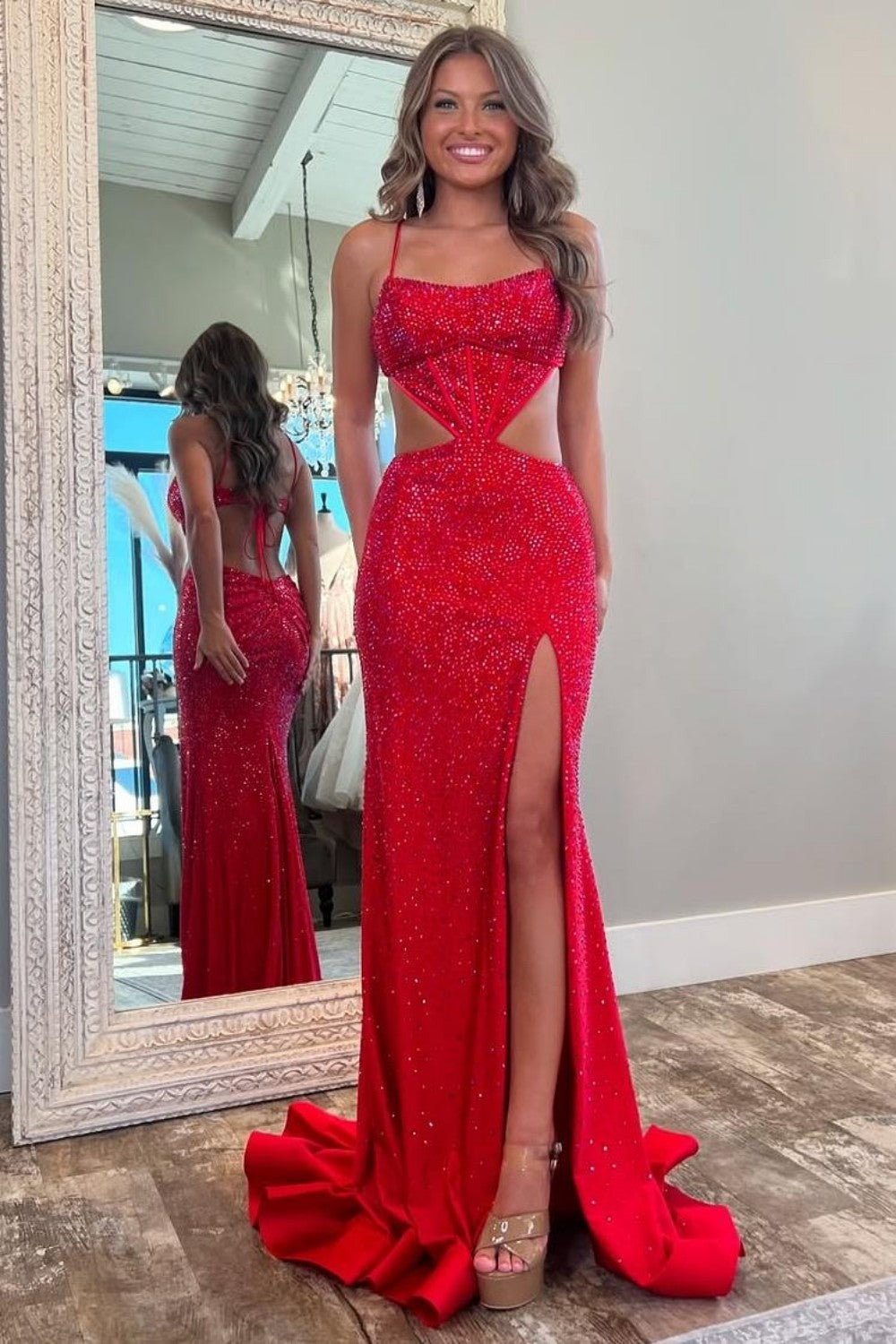 Sexy Black Mermaid Spaghetti Straps Long Beaded Prom Dresses
