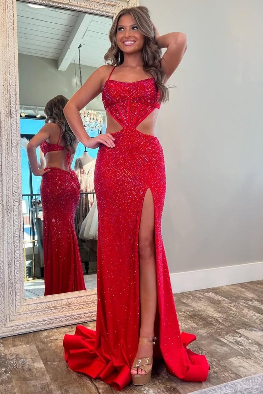 Sexy Black Mermaid Spaghetti Straps Long Beaded Prom Dresses