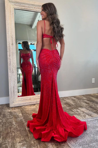 Robes de bal longues sirène noire sexy à fines bretelles et perles