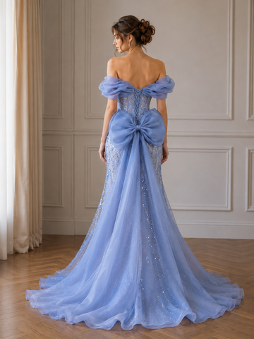 Sexy Blue Mermaid Tulle Sequins Off the Shoulder Prom Dresses
