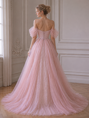 Sexy Pink Mermaid Tulle Sequins Off the Shoulder Prom Dresses