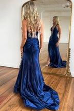 Sexy Red Mermaid Halter Neck Long Satin Prom Dress