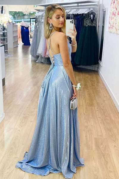 Shiny Blue A-line V-neck Long Prom Dresses, Evening Dresses with Side Slit,BD930794