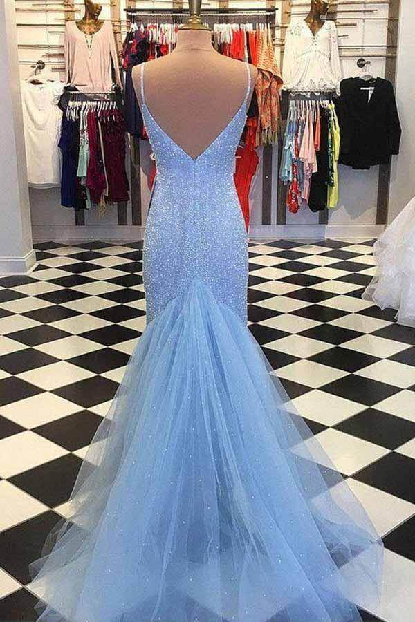Shiny Light Blue Beaded Backless Mermaid Prom Dresses, Evening Dress