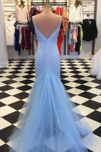 Shiny Light Blue Beaded Backless Mermaid Prom Dresses, Evening Dress