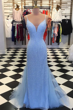 Shiny Light Blue Beaded Backless Mermaid Prom Dresses, Evening Dress