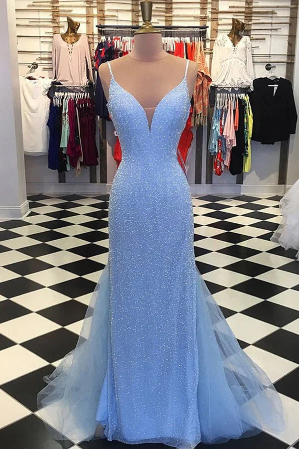 Shiny Light Blue Beaded Backless Mermaid Prom Dresses, Evening Dress,BD930827