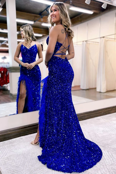 Shiny Sequins Feather Prom Dresses Mermaid Long Evening Dresses,BD93352