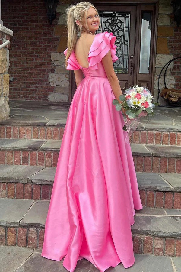 Silky Satin V Neck Ruffles Hot Pink Prom Dresses Formal Dresses PSK542 US10 / Hot Pink Silky Satin V Neck Ruffles Hot Pink Prom Dresses Formal Dresses PSK542 US10 / Hot Pink