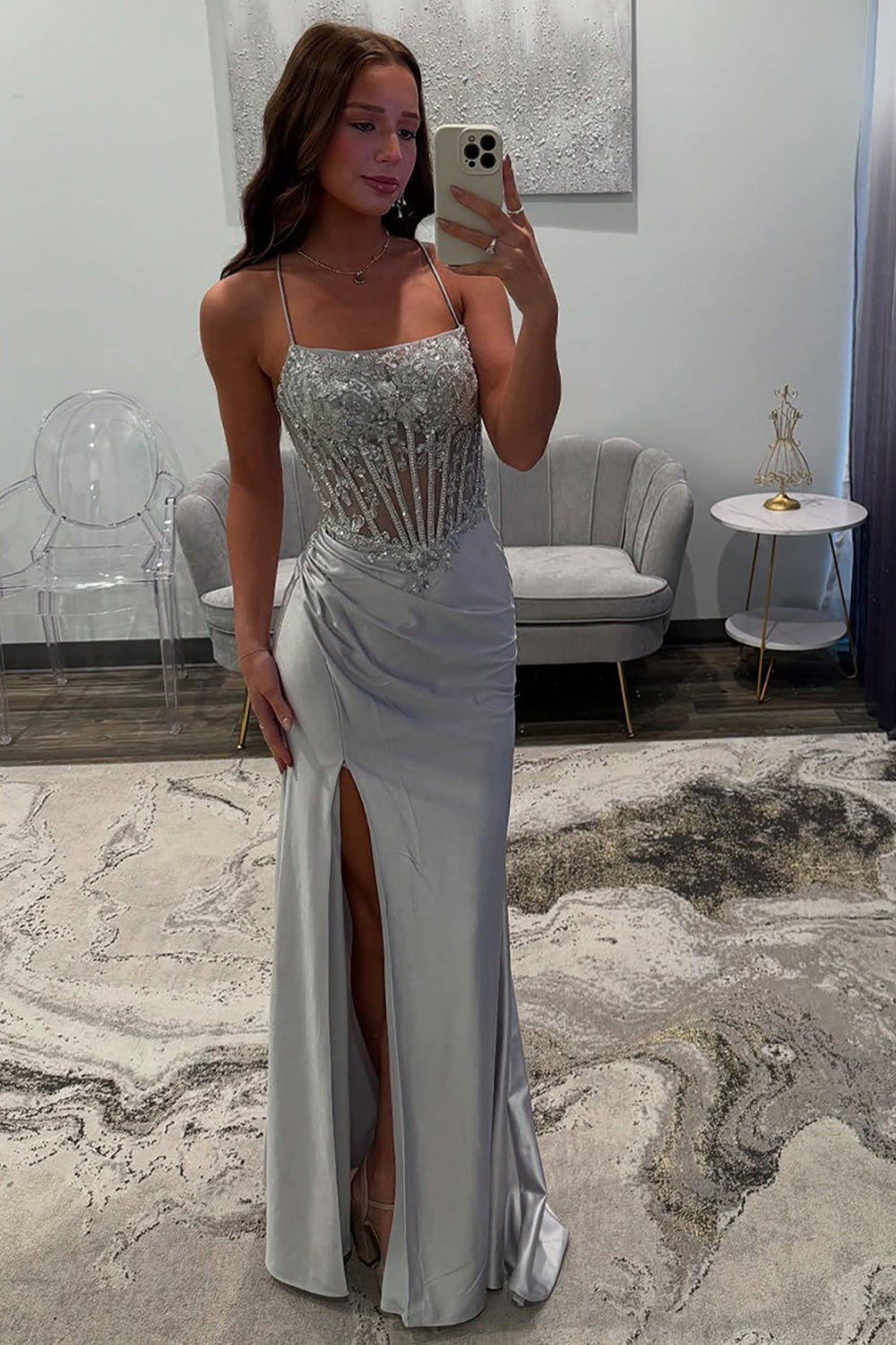 Satin Silver Mermaid Prom Dresses Corset Long Formal Dresses