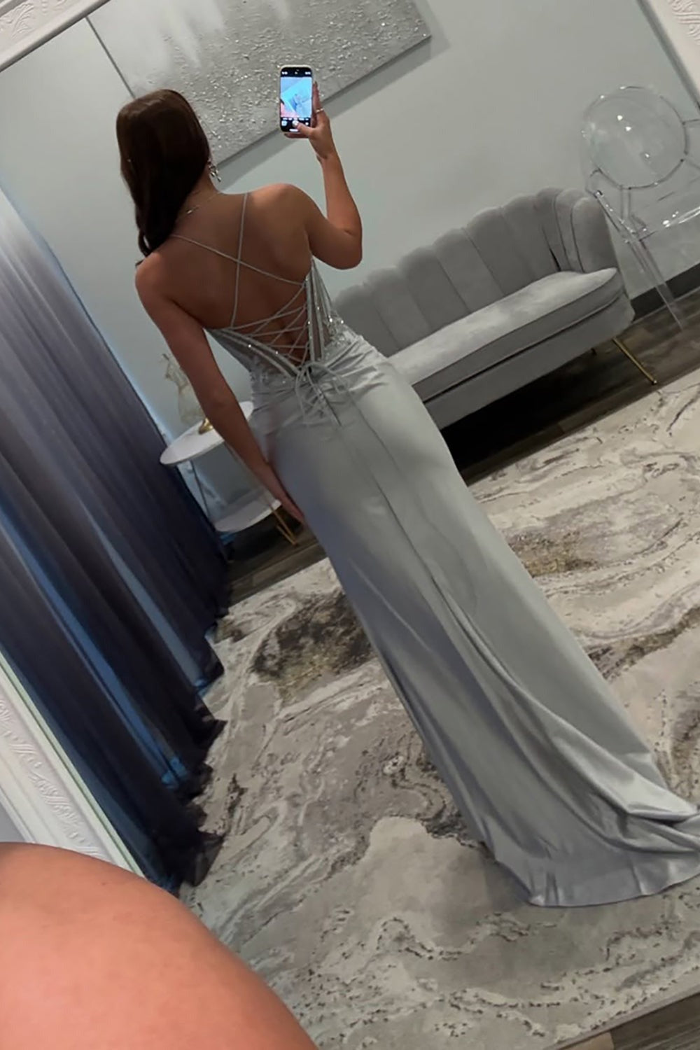 Satin Silver Mermaid Prom Dresses Corset Long Formal Dresses