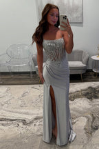 Satin Silver Mermaid Prom Dresses Corset Long Formal Dresses