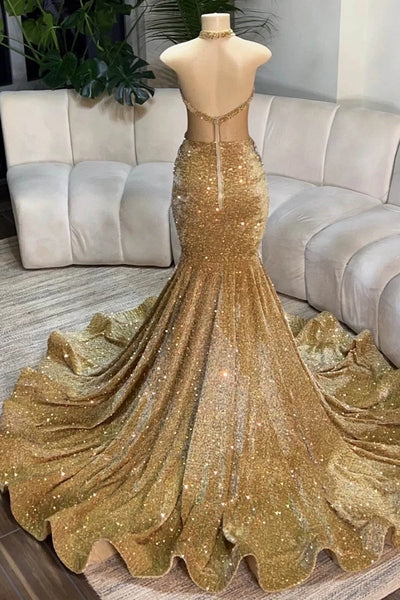 Silver Beaded Sequin Court Train Sleeveless Mermaid Prom Dresses