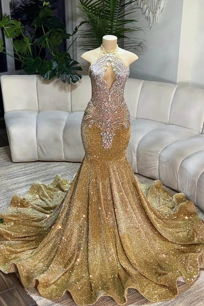 Silver Beaded Sequin Court Train Sleeveless Mermaid Prom Dresses