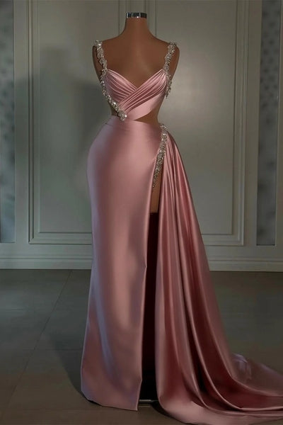 Silver Beaded Straps Shiny Pink Satin High Split Mermaid Prom Dresses