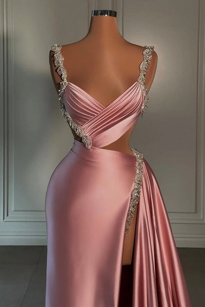Silver Beaded Straps Shiny Pink Satin High Split Mermaid Prom Dresses