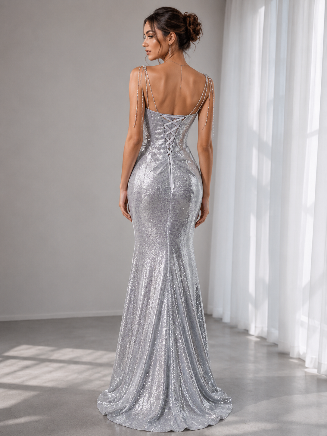 Silver Mermaid Sequins Spaghetti Straps Pleats Prom Dresses