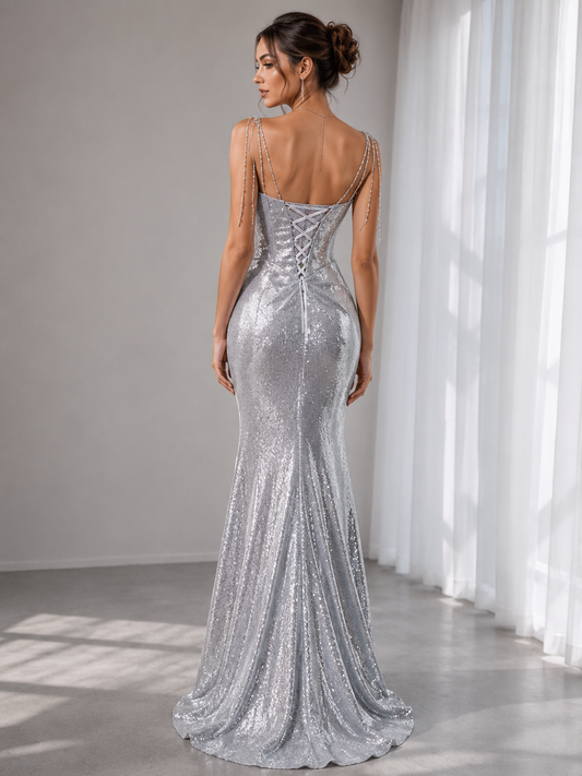 Robes de bal sirène en paillettes argentées à bretelles spaghetti et plis