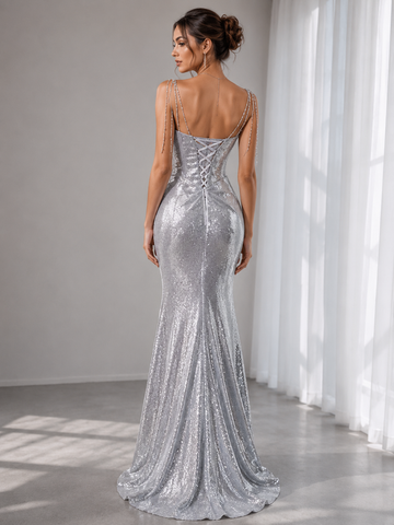 Silver Mermaid Sequins Spaghetti Straps Pleats Prom Dresses