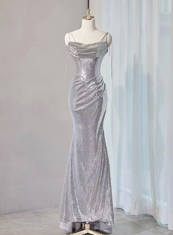 Silver Mermaid Sequins Spaghetti Straps Pleats Prom Dresses