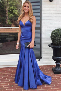 Simple V-neck Blue Satin Mermaid Long Prom Dress, Evening Gowns,BD930789