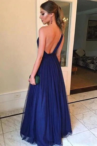 Simple Blue Tulle A-line One Shoulder Long Prom Dresses, Evening Gown,BD930791