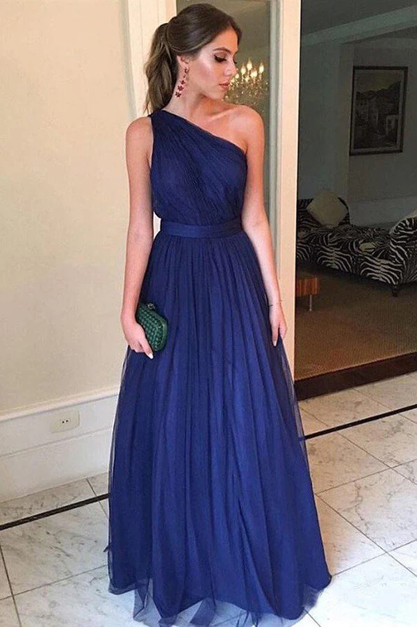 Simple Blue Tulle A-line One Shoulder Long Prom Dresses, Evening Gown,BD930791
