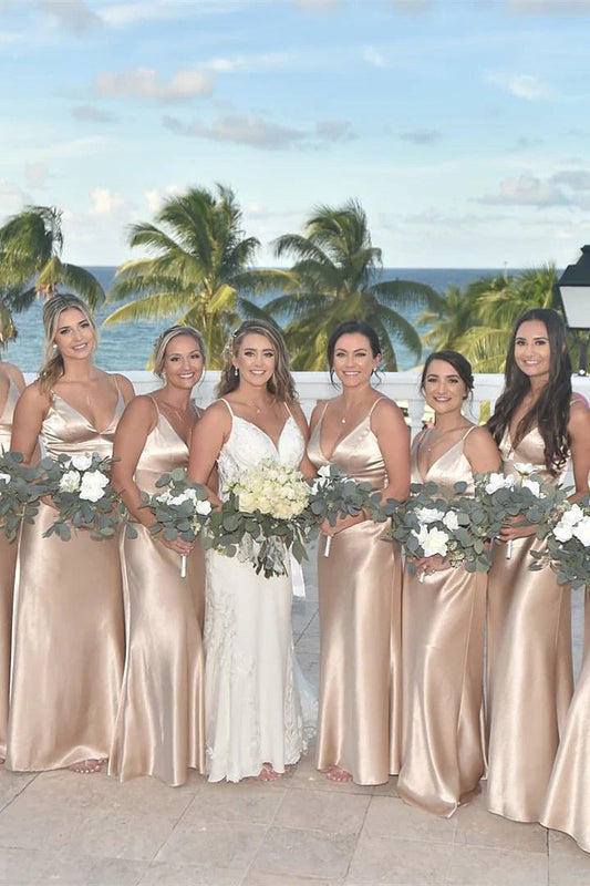 Simple Champagne Birdesmaid Dresses Spaghetti Straps V-Neck Party Dresses