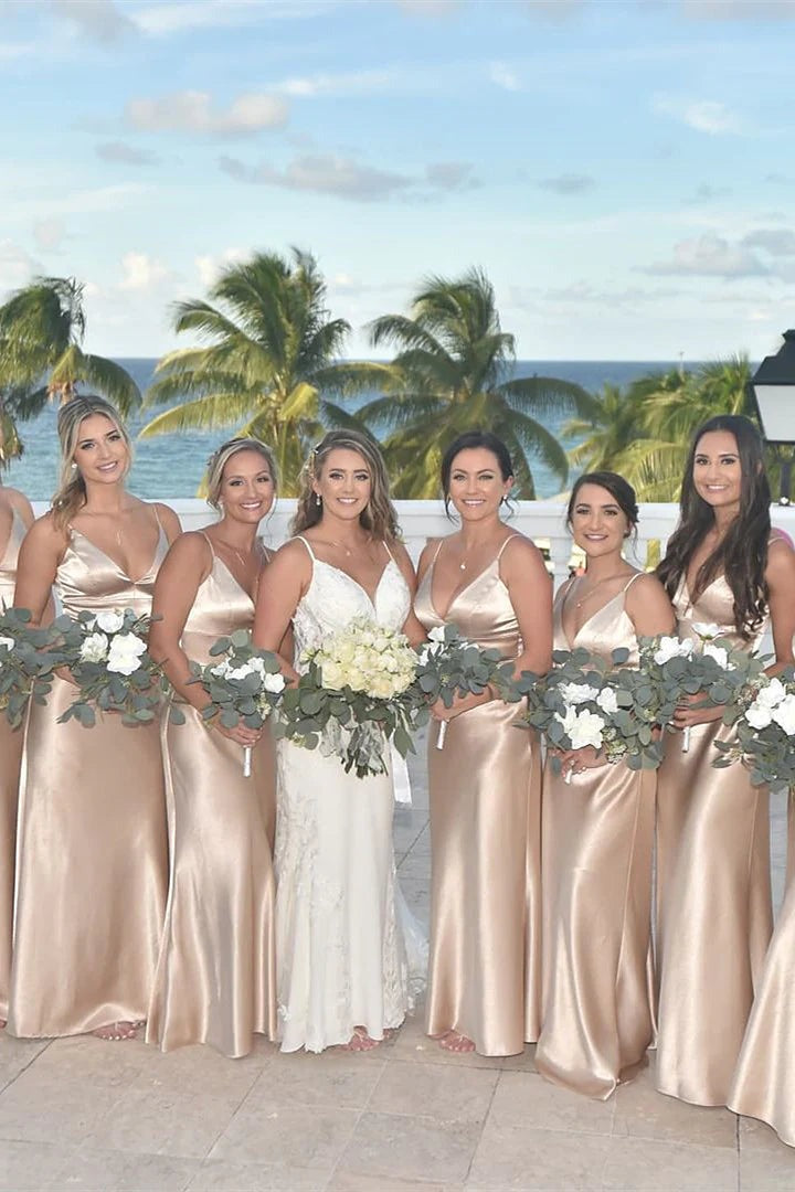 Simple Champagne Birdesmaid Dresses Spaghetti Straps V-Neck Party Dresses