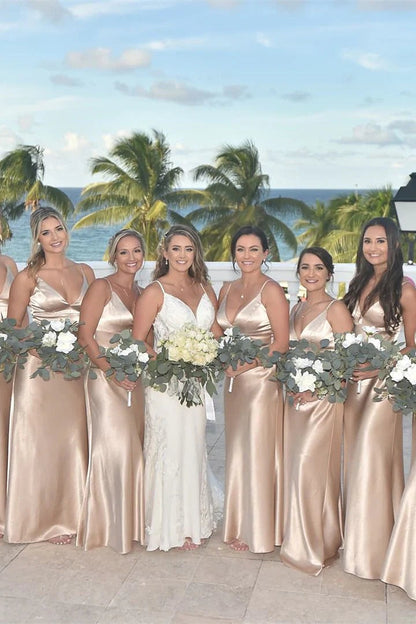 Simple Champagne Birdesmaid Dresses Spaghetti Straps V-Neck Party Dresses