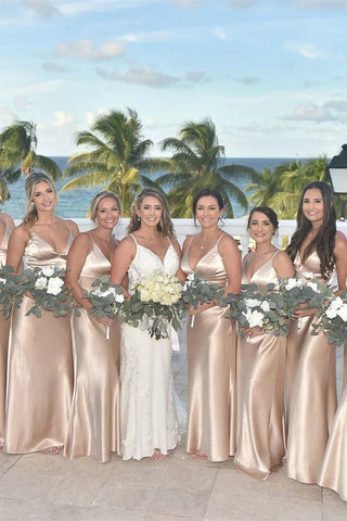 Simple Champagne Birdesmaid Dresses Spaghetti Straps V-Neck Party Dresses