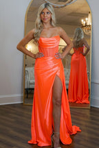 Simple Orange Mermaid Strapless Long Metallic Prom Dress