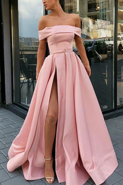 Simple Pink Satin A-line Sweep Train Off Shoulder Prom Dresses,BD930809