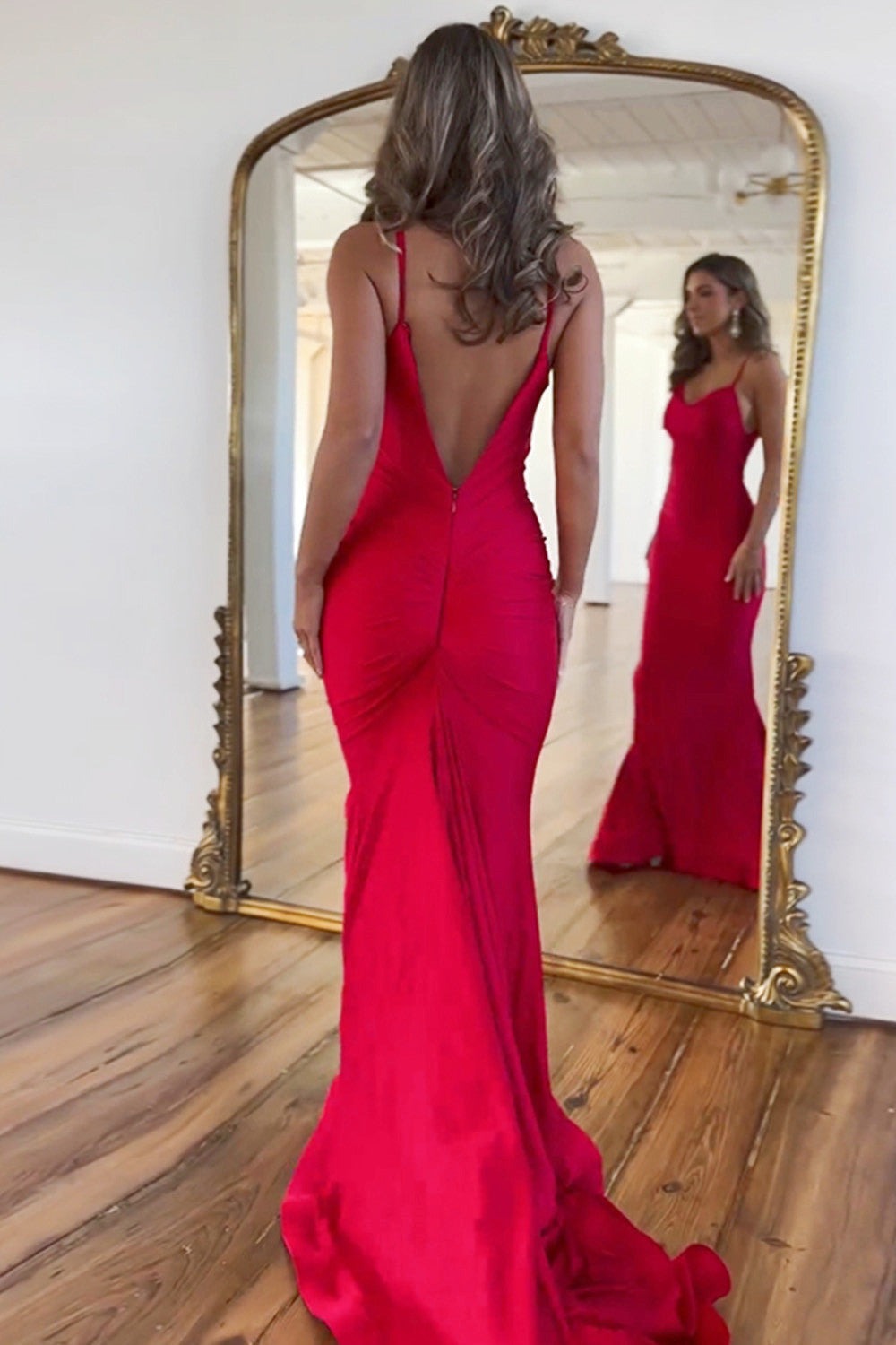 Satin Red Mermaid Spaghetti Straps Long Prom Dresses
