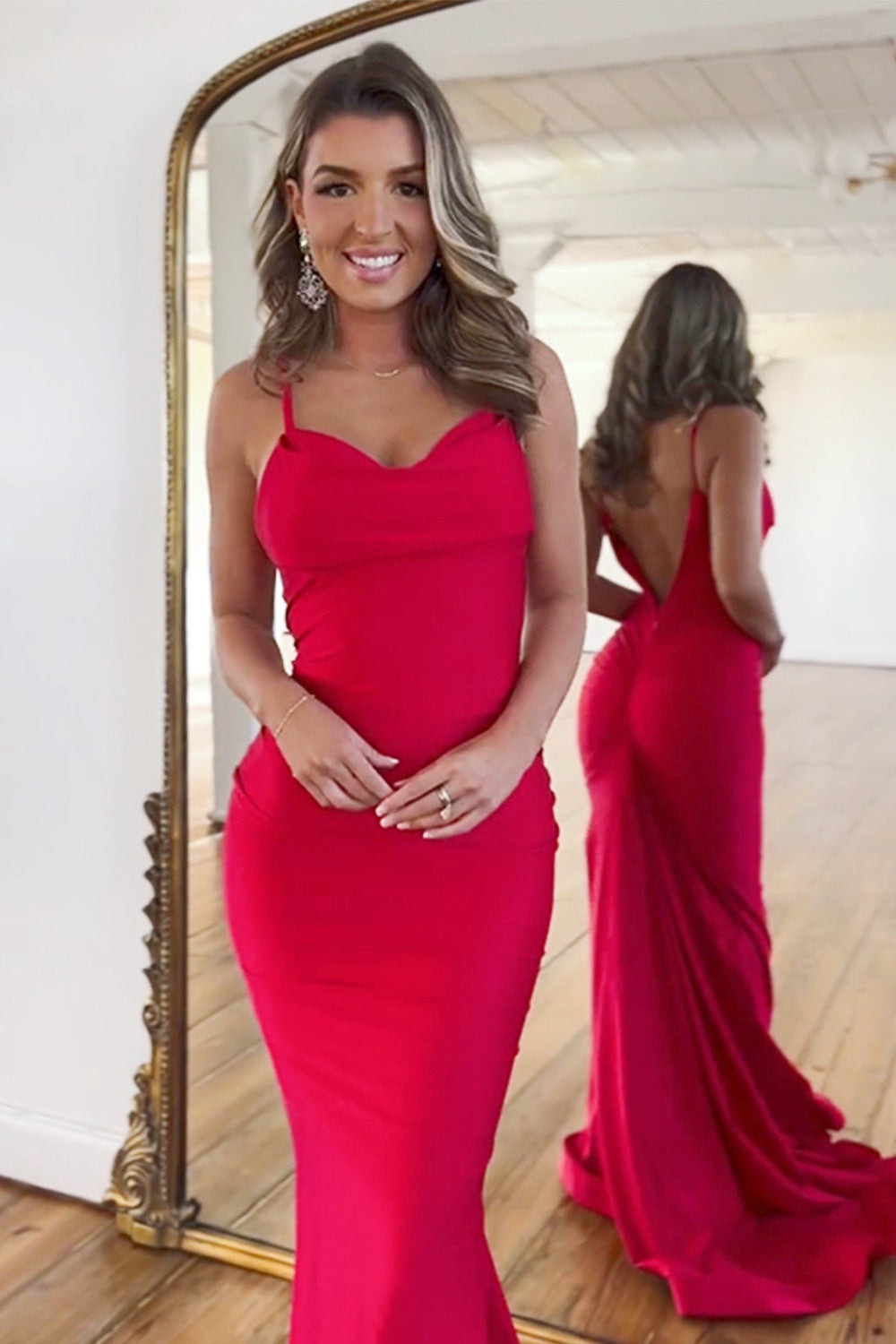 Satin Red Mermaid Spaghetti Straps Long Prom Dresses