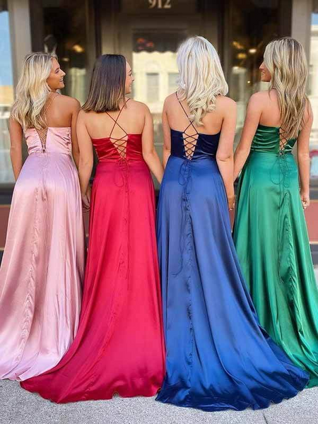 Simple Satin Spaghetti Straps Lace up Back Prom Dresses, Evening Gowns,BD930804