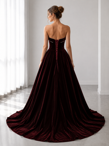 Robes de bal longues en velours bordeaux simples, sans bretelles, coupe trapèze