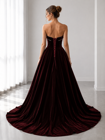Simple Burgundy Long Velvet Strapless A Line Prom Dresses