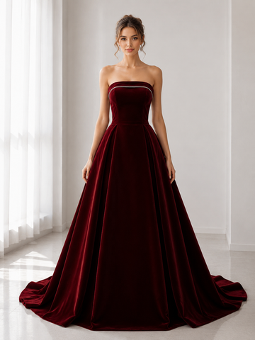Simple Burgundy Long Velvet Strapless A Line Prom Dresses