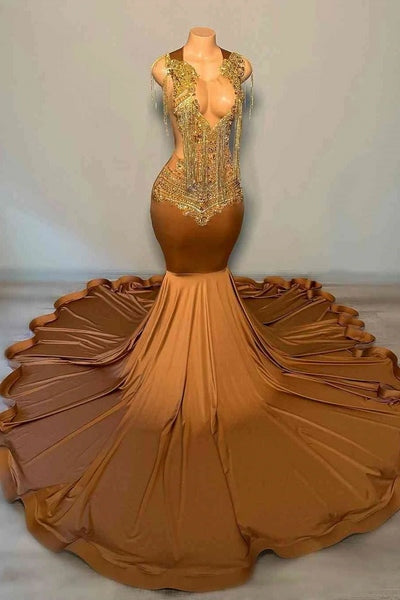 Sleeveless Brown Satin Tassels Gold Sequin Court Train Mermaid Prom Dresses