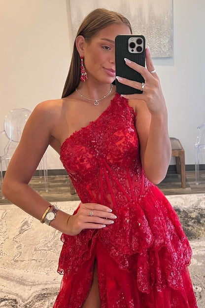 Robe de bal longue rouge foncé trapèze à paillettes, asymétrique et à volants