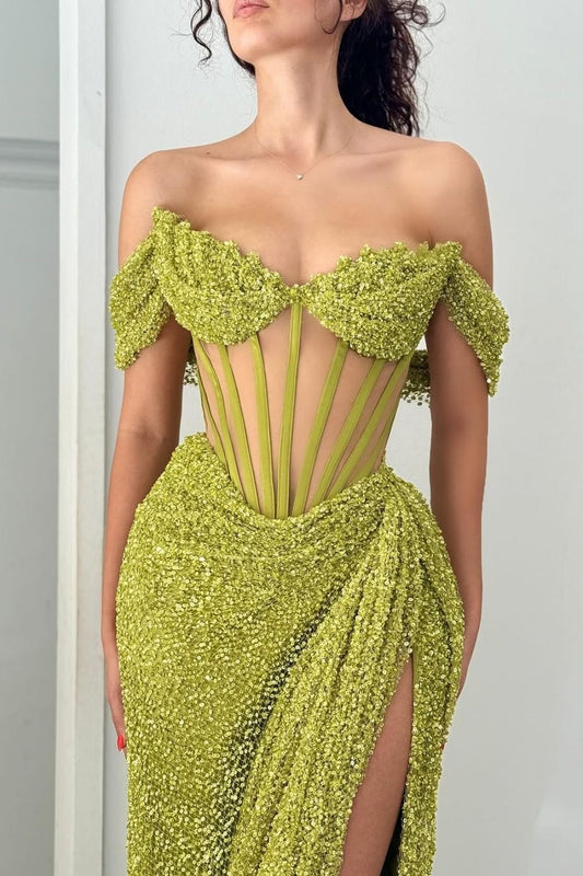 Robes longues de soirée vertes scintillantes sirène avec épaules dénudées